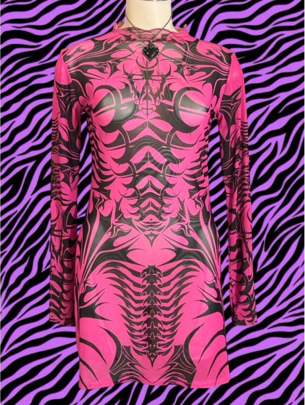 SICKK Widow black/pink mesh tattoo dress with black/pink tribal-sty - Picture 2 of 8